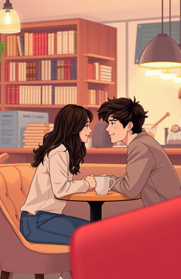 A romantic scene depicting a slow-burn love story between two young adults, set in a cozy coffee shop with warm lighting and comfortable seating