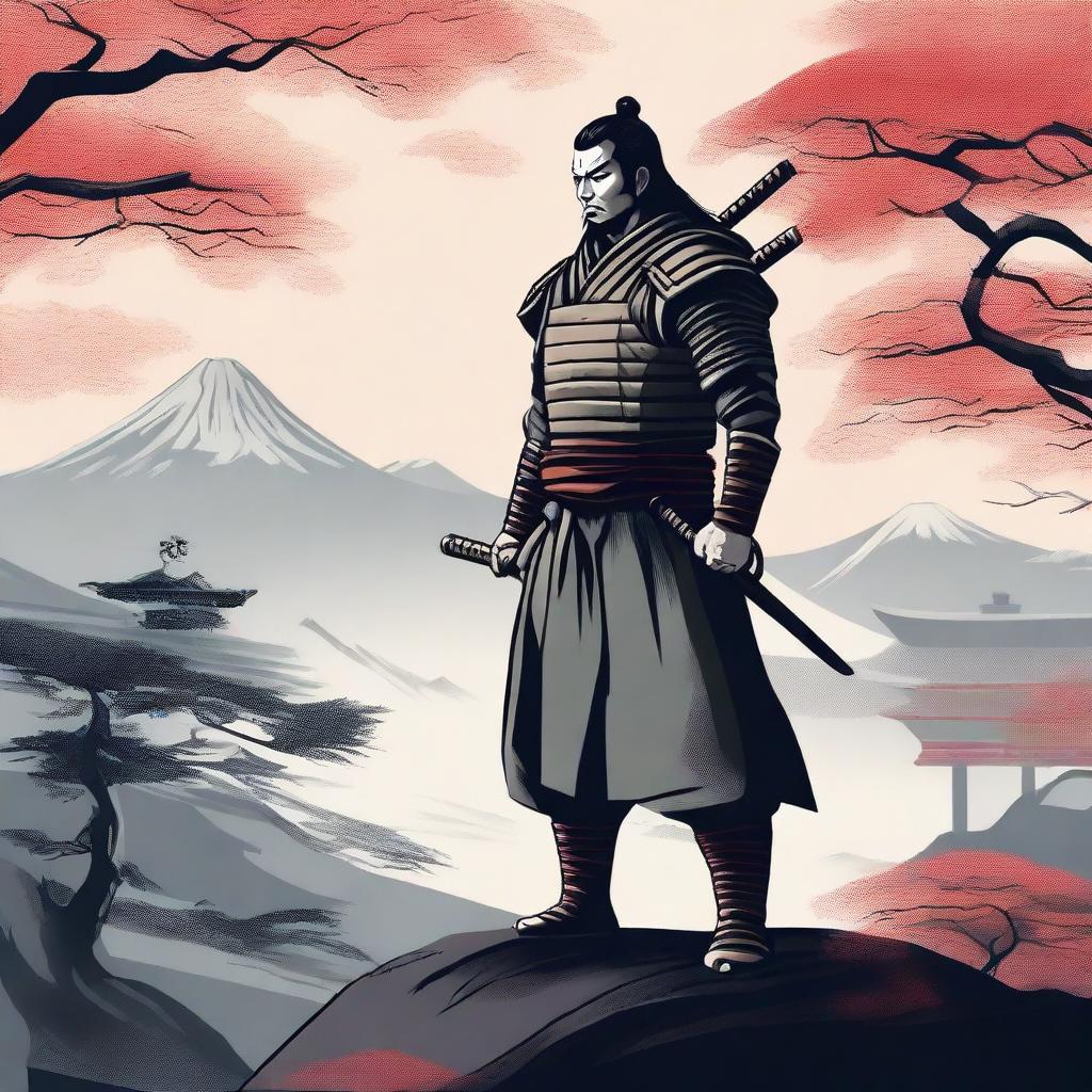 Generate an image of a stoic samurai, dressed in traditional armor, standing firm with a katana in his hands