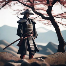 Generate an image of a stoic samurai, dressed in traditional armor, standing firm with a katana in his hands