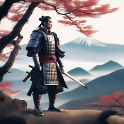 Generate an image of a stoic samurai, dressed in traditional armor, standing firm with a katana in his hands