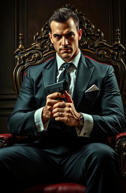 A tall and handsome mafia boss, exuding confidence and power, sitting on an ornate throne in a dimly lit room