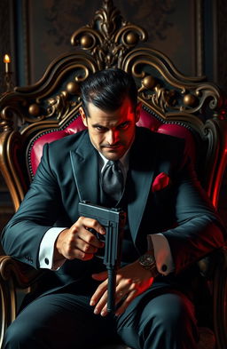 A tall and handsome mafia boss, exuding confidence and power, sitting on an ornate throne in a dimly lit room