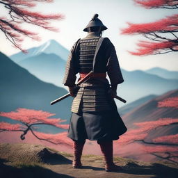 Generate an image of a stoic samurai, dressed in traditional armor, standing firm with a katana in his hands