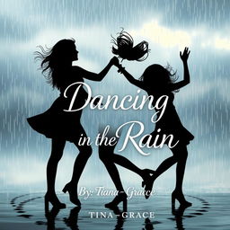 An evocative book cover design featuring the silhouettes of two teenage girls joyfully dancing in the rain