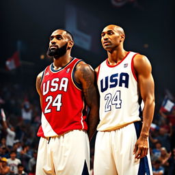 A nostalgic and inspirational scene capturing the legendary duo of LeBron James and Kobe Bryant as they represent Team USA on the basketball court