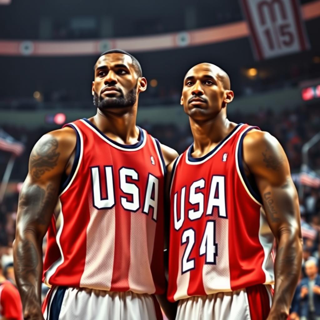 A nostalgic and inspirational scene capturing the legendary duo of LeBron James and Kobe Bryant as they represent Team USA on the basketball court