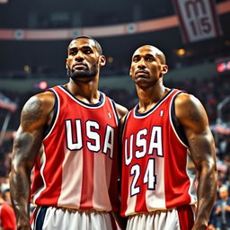 A nostalgic and inspirational scene capturing the legendary duo of LeBron James and Kobe Bryant as they represent Team USA on the basketball court