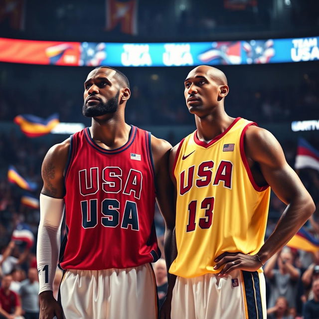 A nostalgic and inspirational scene capturing the legendary duo of LeBron James and Kobe Bryant as they represent Team USA on the basketball court