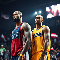 A nostalgic and inspirational scene capturing the legendary duo of LeBron James and Kobe Bryant as they represent Team USA on the basketball court