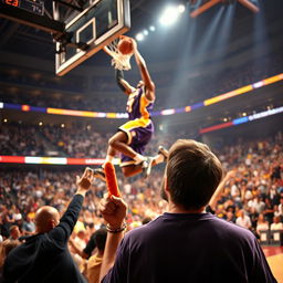 An exhilarating scene depicting Kobe Bryant performing an iconic slam dunk during a thrilling dunk contest