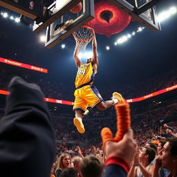 An exhilarating scene depicting Kobe Bryant performing an iconic slam dunk during a thrilling dunk contest