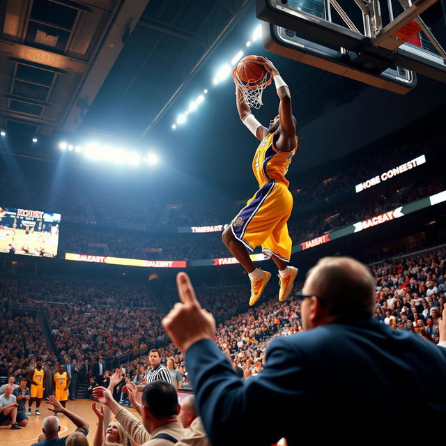 An exhilarating scene depicting Kobe Bryant performing an iconic slam dunk during a thrilling dunk contest