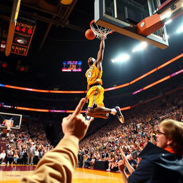 An exhilarating scene depicting Kobe Bryant performing an iconic slam dunk during a thrilling dunk contest