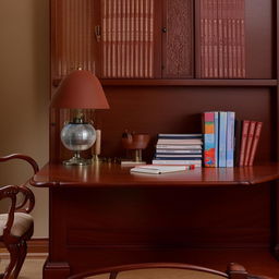 A well-organized study table with a lamp, textbooks, a laptop, and stationery items. The desk is made of mahogany wood with a comfortable chair