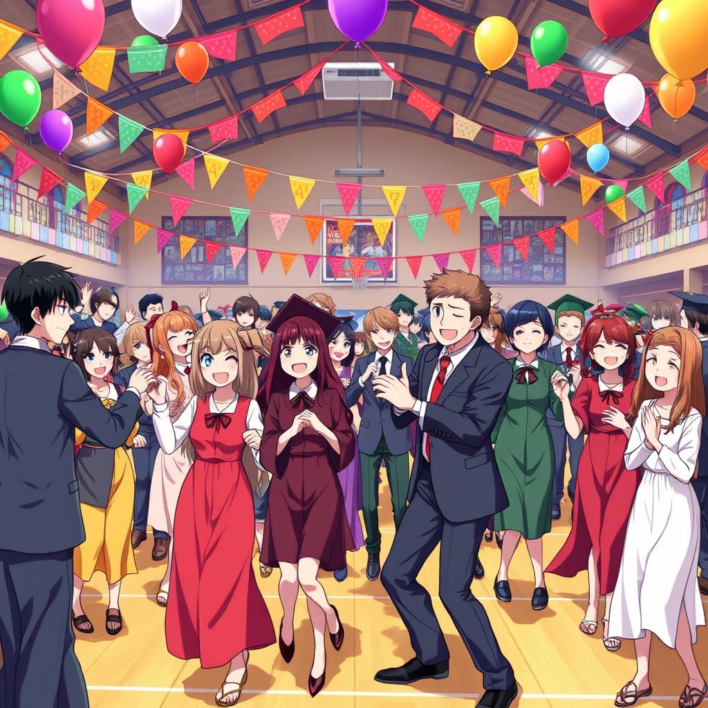 An anime scene capturing a joyful school graduation ceremony where students and teachers are dancing together