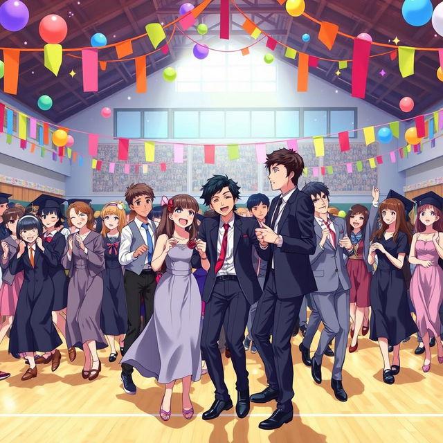 An anime scene capturing a joyful school graduation ceremony where students and teachers are dancing together