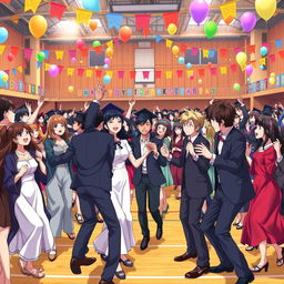 An anime scene capturing a joyful school graduation ceremony where students and teachers are dancing together