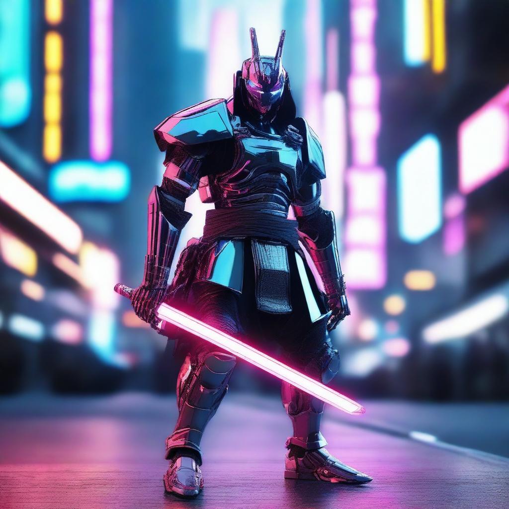 Generate an image of a robotic Samurai, sleek and metallic