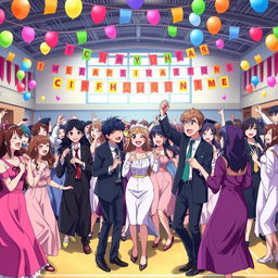 An anime scene capturing a joyful school graduation ceremony where students and teachers are dancing together