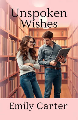 A contemporary romance book cover featuring two college nerds in a cozy, book-filled library