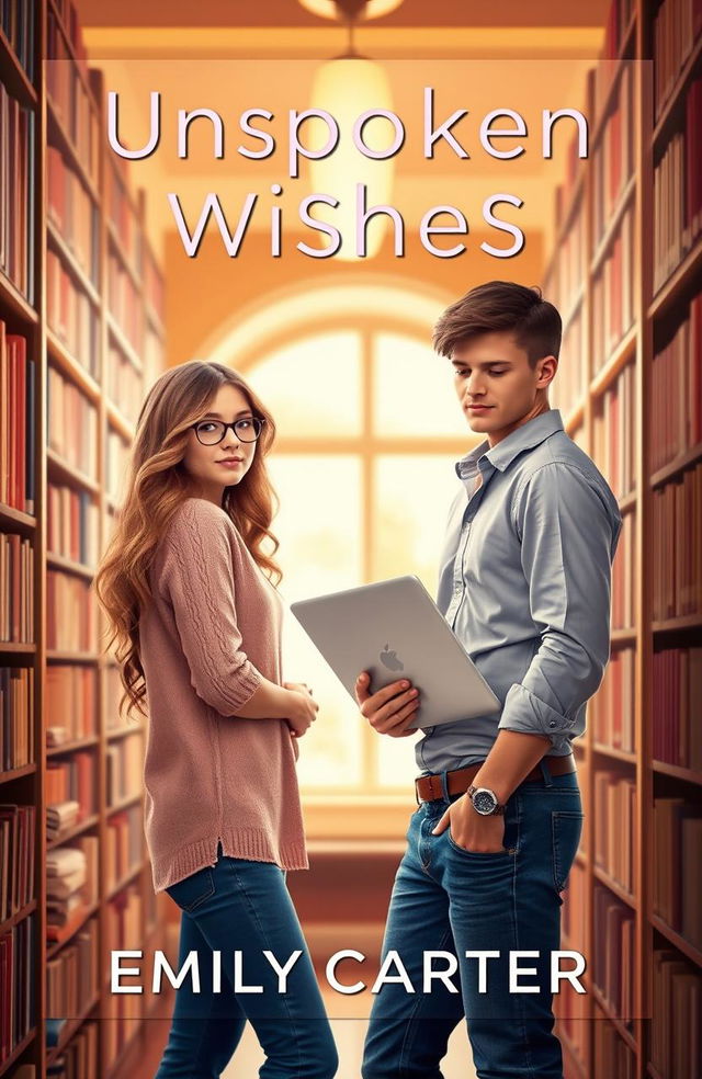 A contemporary romance book cover featuring two college nerds in a cozy, book-filled library