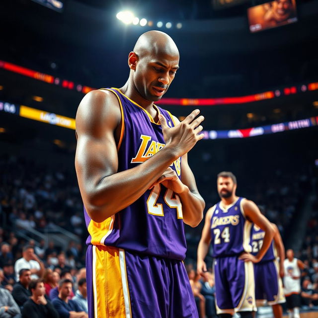 An intense sports moment capturing Kobe Bryant on the basketball court as he experiences a dislocated finger injury during a game