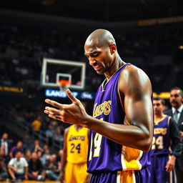 An intense sports moment capturing Kobe Bryant on the basketball court as he experiences a dislocated finger injury during a game