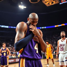An intense sports moment capturing Kobe Bryant on the basketball court as he experiences a dislocated finger injury during a game