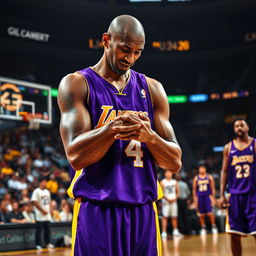 An intense sports moment capturing Kobe Bryant on the basketball court as he experiences a dislocated finger injury during a game