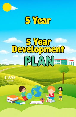 A book cover design for a school development plan, featuring a landscape-oriented layout