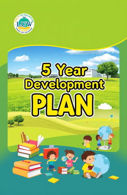 A book cover design for a school development plan, featuring a landscape-oriented layout