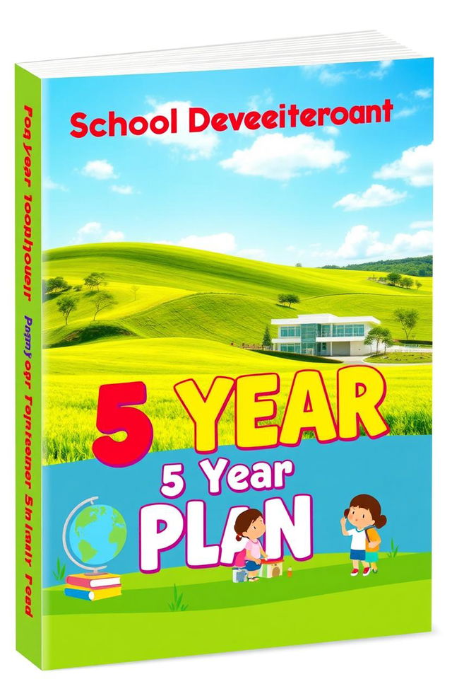 A book cover design for a school development plan, featuring a landscape-oriented layout