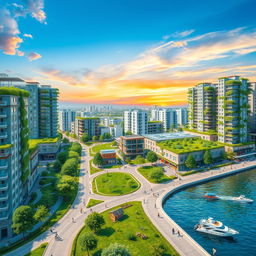 A detailed and colorful urban development plan layout, showcasing a vibrant cityscape with multi-functional buildings, lush green parks, walking paths, and cycling lanes