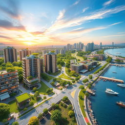 A detailed and colorful urban development plan layout, showcasing a vibrant cityscape with multi-functional buildings, lush green parks, walking paths, and cycling lanes