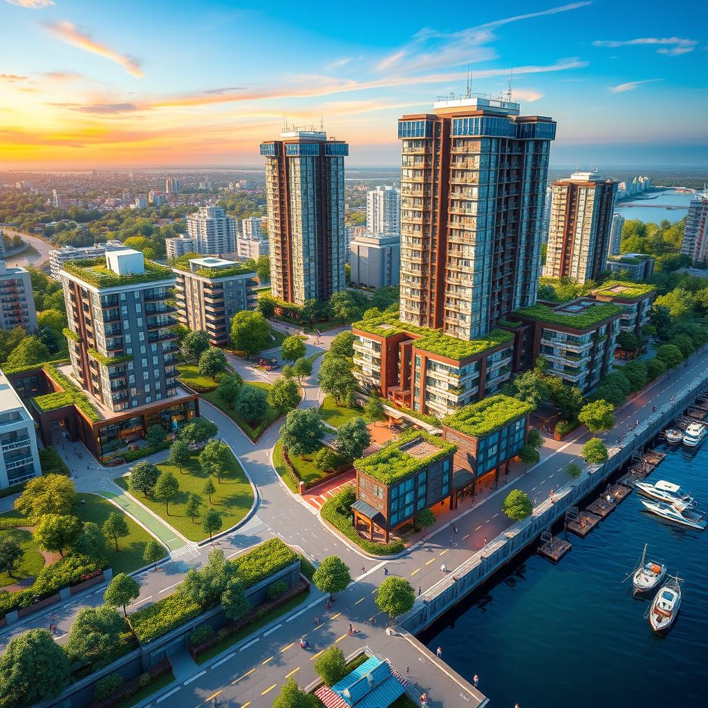 A detailed and colorful urban development plan layout, showcasing a vibrant cityscape with multi-functional buildings, lush green parks, walking paths, and cycling lanes