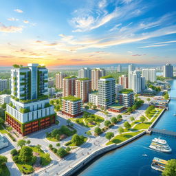 A detailed and colorful urban development plan layout, showcasing a vibrant cityscape with multi-functional buildings, lush green parks, walking paths, and cycling lanes