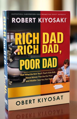 A visually striking book cover design for 'Rich Dad, Poor Dad' by Robert Kiyosaki