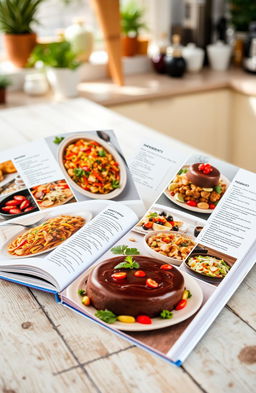 A beautifully arranged cooking book spread open on a rustic wooden table, showcasing various delicious recipes