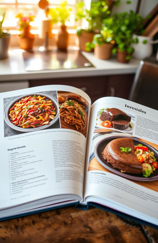 A beautifully arranged cooking book spread open on a rustic wooden table, showcasing various delicious recipes