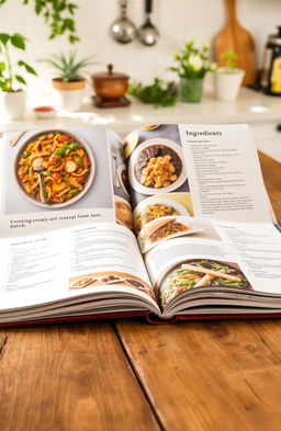 A beautifully arranged cooking book spread open on a rustic wooden table, showcasing various delicious recipes