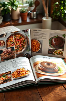 A beautifully arranged cooking book spread open on a rustic wooden table, showcasing various delicious recipes