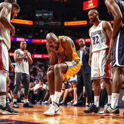 A tense moment on the basketball court capturing Kobe Bryant in the midst of twisting his ankle during a game
