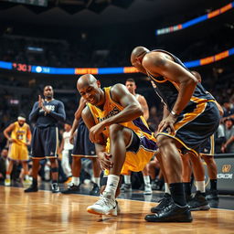 A tense moment on the basketball court capturing Kobe Bryant in the midst of twisting his ankle during a game