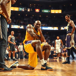 A tense moment on the basketball court capturing Kobe Bryant in the midst of twisting his ankle during a game