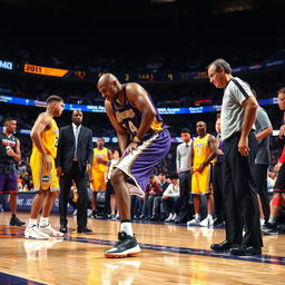 A tense moment on the basketball court capturing Kobe Bryant in the midst of twisting his ankle during a game