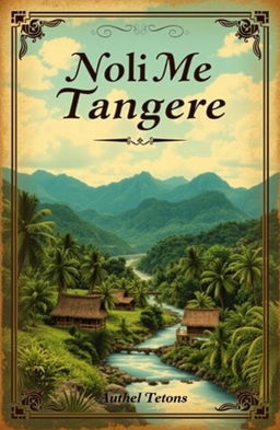A vintage book cover for 'Noli Me Tangere', featuring a serene landscape with a lush tropical setting