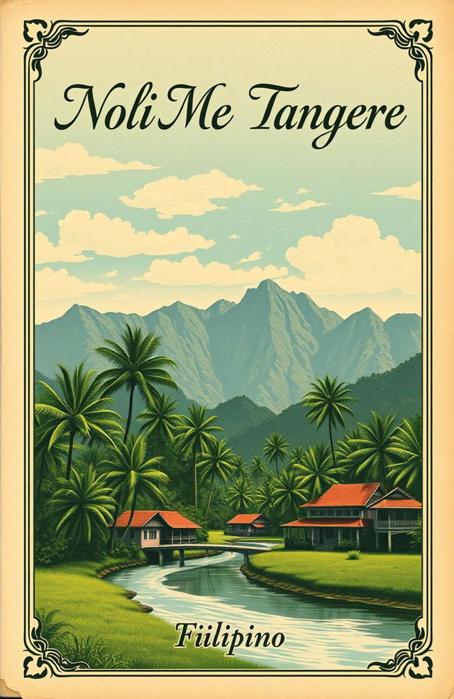 A vintage book cover for 'Noli Me Tangere', featuring a serene landscape with a lush tropical setting