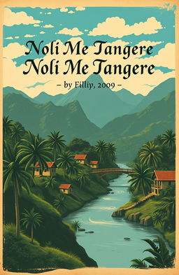 A vintage book cover for 'Noli Me Tangere', featuring a serene landscape with a lush tropical setting