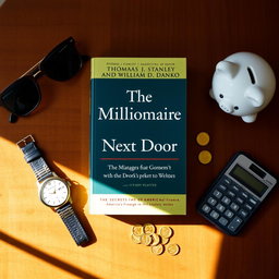 A beautifully arranged flat lay of the book "The Millionaire Next Door" by Thomas J