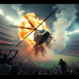 A dramatic and intense scene depicting a helicopter crashing into a large stadium during a sporting event